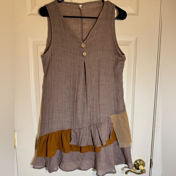 Boho Cotton Blend Sleeveless‎ Tunic Dress Ruffle Hem Asymmetrical Patchwork - Picture 1 of 8
